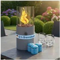 TOM Tischfeuer Tischkamin mit Gas mit 3x 190g Gas-Kartuschen, 12h Brenndauer, Dekosteine, Rund, Outdoor, Indoor
