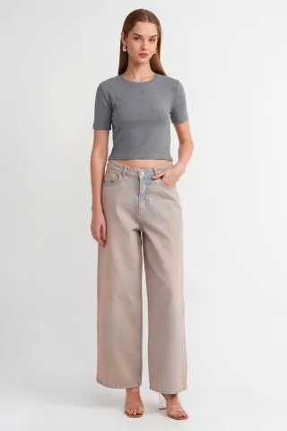 Hochtaillierte Weitbein-Jeans aus Baumwoll-Denim