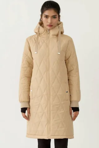 Langer Kapuzen-Mantel aus strukturiertem Gabardine