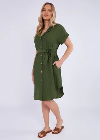 Khakifarbenes Utility-Hemdkleid mit Gürtel und Übergröße aus Viskose