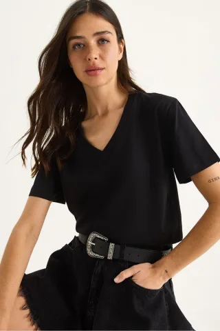 Komfort Fit V-Ausschnitt Kammgarn Baumwoll-T-Shirt