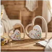 Levandeo® Dekoobjekt 2er Set Herz Aufsteller Blume MDF Holz Natur Blumenmuster Frühling Tis