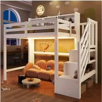 Merax Hochbett mit LED-Beleuchtung (1-St., Massivholz Jugendbett Einzelbett) Kinderbett 90x200cm mit Stauraumtreppe, Lagerregalen & Staufächern