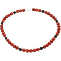 Schmuck Krone Collier Halskette aus Koralle & Onyx & 925 Silber, Silber 925