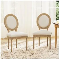 FiveWillowise Esszimmerstuhl Retro-Polsterstühle 2er-Set, Küchenstühle mit ovaler Rückenlehne (2 St), Leinenoptik und Massivholz, für Esszimmer, Wohnzimmer