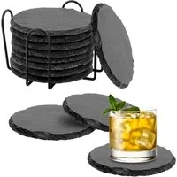 Refined Living Getränkeuntersetzer 12 Stück Schiefer Untersetzer Rund mit Metallhalter, rutschfest, 10 cm, Untersetzer Set, Tischschutz, Getränkeuntersetzer Schwarz 10 cm aus Naturschiefer, Glasuntersetzer mit 3 Schutzpads, Rutschfest & Kratzfest, Un