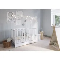 FabiMax Kinderbett Hausbett Schlafmütze 140 x 70 cm Liegefläche, weiß lackiert, Kiefernholz massiv, Gitterbett, Umbaubar zum Juniorbett