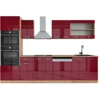 Vicco Küchenzeile R-Line, Rot Hochglanz/Goldkraft Eiche/Goldkraft Eiche, 300 cm mit H...