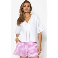 SASSYCLASSY Langarmbluse Musselinbluse mit Spitzeneinsatz für Damen Luftiges Shirt aus Baumwolle mit V-Ausschnitt Weiß Beige Flieder Grün