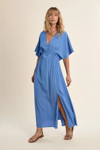 molly bracken - Maxikleid mit V-Ausschnitt und Fledermausärmeln blau - Gr. - S