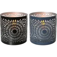 Lumineo LED Solarleuchte, Flacker Effekt, warmweiß, Solar LED Windlicht Kerze 8x8cm Metall Schwarz / Blau 1 Stück sortiert