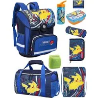 Familando Schulranzen Pokemon Blau mit Pikachu für 1. bis 4. Klasse, Ergonomisch & Leicht (Set, 9-tlg., mit Dose Flasche und Regenschutz), mit Dose, Falsche und großer Sporttasche