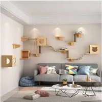 PEALOV Katzen-Kletterwand 17 Stück Deluxe‑Katzenmöbel aus Holz, Katzenbett, Klettergerüst, Tragkraft 12 kg, Wandmontage im Innenbereich