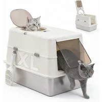 Purpurra Katzentoilette XL Edelstahl-Katzenklo mit Deckel, inklusive Schaufel, 60 × 40 × 40 cm, Edelstahl Schale.