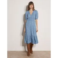 Apricot Midikleid Denim Blumen-Stickerei Kleid mit Puffärmeln
