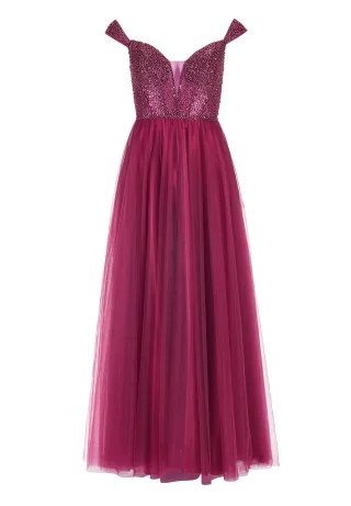hey kyla - Ausgestelltes Tüllkleid mit Carmen-Ausschnitt grape wine