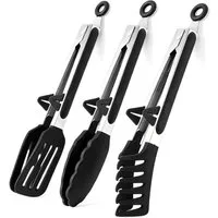 TUWENA Kochzange Küchenzange Silikon 3er-Set, Edelstahl Zange Küche mit Silikonspitzen, Grillzange Silikon mit 3 Haken, Grill, Pasta & Salad Cooking Utensils