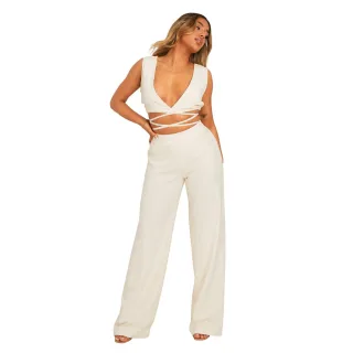Missy Empire - Kurzes Top für Damen, Wrap Around, Leinen-Look, Ärmellos (Elfenbein)