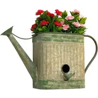 DanDiBo Vogelhaus mit Blumentopf zum Aufhängen Metall Deko Gießkanne Vogelhäuschen, für die Wand & zum Aufstellen wetterfest 481999