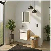 HOME DELUXE Badmöbel-Set BORKUM, (bestehend aus LED-Spiegel, Keramik-Waschbecken, Waschbeckenschrank), Hochglanz-Oberfläche, Soft-Close, Badezimmerset, Badmöbel
