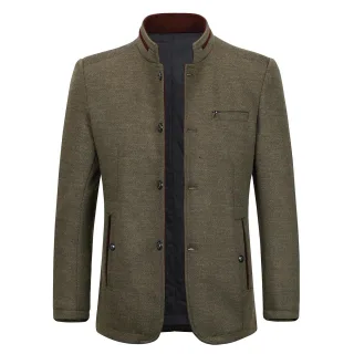 Herren Kurzer Slim Fit Mantel mit Stehkragen Business Casual Wollmantel Khaki