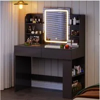 HOMALL Schminktisch mit Spiegel, LED-Beleuchtung, einstellbare Helligkeit, ostern (Langex Brete x Hthe) 90/110 x 40x 135 cm. B ofene Facher (2 seitiche Facher sind nach inks und rechts verschiebban. 2 groBe Schubladen)
