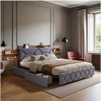 Gdood Polsterbett Stauraumbett Doppelbett Mit Ladestation (1-tlg., Mit Vier extra große Schubladen), Mit Verstecktes Lagerregal, USB + TYPE-C, Leinen, 140x200 cm