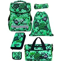 Familando Schulranzen Basic Plus 1.-4. Klasse ergonomisch, leicht, Volumen 15 Liter (Set, 6-tlg., inkl. Federmäppchen und Sporttasche), Gamer Pixel Playworld Motiv