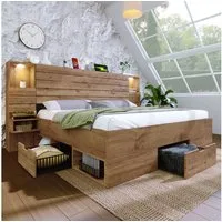 Flieks Holzbett, Doppelbett 180x200cm mit Leselicht USB/Type-C Nachttisch Schubladen