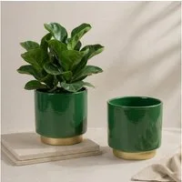 matches21 HOME & HOBBY Blumentopf Übertöpfe in Ø 10,5 cm, Dunkelgrüne Blumentöpfe im 2er Set (2 St), Blumenübertöpfe aus Keramik für Zimmerpflanzen