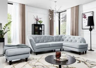 Ecksofa inkl.Hocker CHARLOTTE in Stoff Matt Velvet Hellgrau Ottomane Rechts
