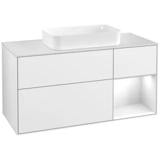 Villeroy und Boch Finion Waschtischunterschrank F301GFGF 120cm, Abdeckplatte white matt, Regal rechts Glossy white lacquer, Glossy white lacquer
