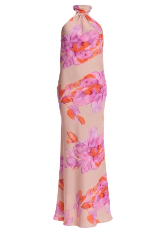 SWING - Abendkleid aus bedrucktem Satin mit Stehkragen rose/multi - Gr. - 38