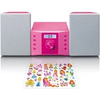 Lenco MC-013PK Stereoanlage (FM, 5 W, Kinder Musikanlage mit CD-Player / FM-Radio / AUX inkl. Stickerbogen)