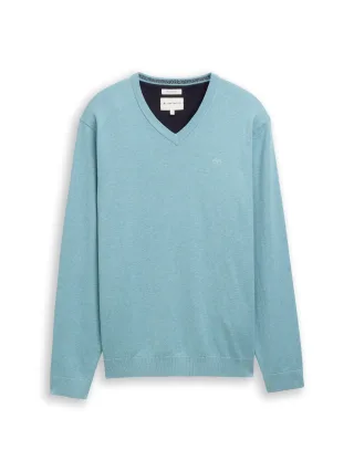 Tom Tailor - Strickpullover mit V-Ausschnitt aus Baumwolle tourmaline melange - Gr. - L