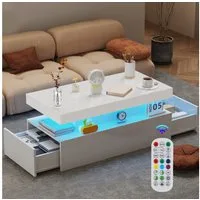 oyajia Couchtisch Wohnzimmertisch Hochglanz mit LED Beleuchtung & Fernsteuerung Modern (Bluetooth-Fernbedienung.App-Steuerung, offenen Fächern,stabil, pflegeleicht, modernes Hochglanz-Design), 95 x 48 x 42cm Beistelltisch,mit 2 Schubladen,Farbwechsel
