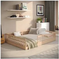 CADANI Kinderbett Timi Bodenbett bis 200 kg belastbar mit abnehmbarem Rausfallschutz (140x200 cm, Montessori Kinder- & Jugendbett aus Kiefer Massivholz), inkl. stabilem Roll-Lattenrost, Natur