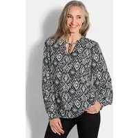 GOLDNER Schlupfbluse Moderne Rüschenbluse mit Stehkragen Printbluse mit Rundhals, Bindeband und langen Ärmeln