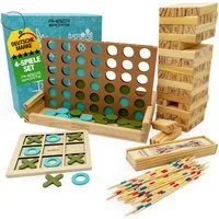 PHIBER-SPORTS Spielesammlung 4-in-1 aus Holz: Wackelturm, Vier-in-Einer-Reihe, Tic Tac Toe & Mikado, Kinder & Erwachsene - Robust, Langlebig & Plastikfrei, Holzturm 4 Spiel