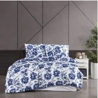 ZIRVEHOME Bettwäsche Baumwolle BettbezugWeiß Blau Floral Blumenmuster Blaue Harmonie, Renforce, 3 teilig, 200x220 Baumwolle Bettbezug Weiß Blau Floral Blumenmuster