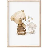 Pipapier Poster Kinderposter "Bär und Hase mit Blumen", Kinderzimmerdeko, Kinderzimmerbild in DIN A4 oder DIN A3