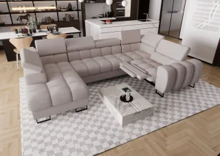 Wohnlandschaft Schlafsofa BASTIEN RELAX in Stoff Moly Hellgrau Ottomane Links