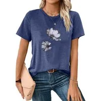 PYLIKE Kurzarmshirt Damen Sommer Casual bequemes t shirt mit Blumen Print-Shirt Bequem für Freizeit und Büro,Strandurlaub