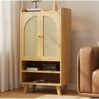 Flieks Hochschrank mit 2 Rattantüren und 2 offenen Fächern (1-St., B60×T40×H121 cm) Mehrzweckschrank Holzoptik Sideboard Highboard in Landhausstil