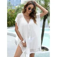 MOPUEA Strandkleid Strandtunika Lochstrick Boho Tunika Bikini Cover-up mit V-Ausschnitt (Damen Blusenkleid Strandponcho Lochmuster für Urlaub und Strand) Strandkleid mit Schnürung, Quasten Oversize für Bikini und Badeanzug
