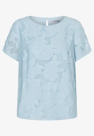 MORE & MORE - Jacquard-Bluse mit floralem Muster und Kurzarm blau - Gr. - 38