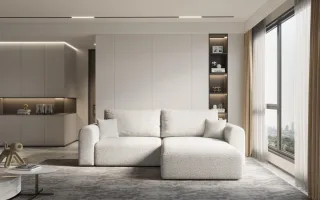 Ecksofa Sofa FLAVIO mit Schlaffunktion Stoff Abriamo Champagne Ottomane Rechts
