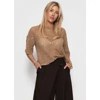 SASSYCLASSY T-Shirt Netz-Shirt mit Pailletten für Damen Modernes Kurzarmshirt in offener Strickart mit transparenter Optik