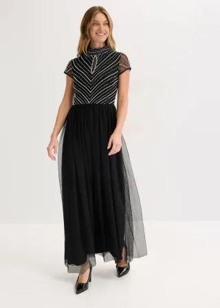 bonprix Maxikleid mit Perlenstickerei, schwarz, Gr.34, Moder und feminin: Abendkleid aus zartem Tüll mit Keyhole-Ausschnitt und Perlenstickerei im Oberteil