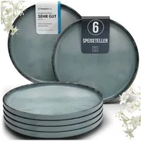 PURE LIVING INTERIOR DESIGN Geschirr-Set Pure Living Speiseteller 6er 26cm »Rustic«, Steingut, Rauchblau, 6 Personen, Steingut, Authentischer Landhausstil, Reaktive Glasur – jedes Stück ein Unikat,…